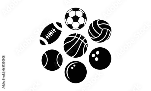 Sports Ball Silhouette Vector Pack – Football, Soccer, Basketball, Volleyball, Tennis, Baseball, Bowling and Billiard Icons, easily editable and scalable.
