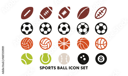 Sports Ball Silhouette Vector Pack – Football, Soccer, Basketball, Volleyball, Tennis, Baseball, Bowling and Billiard Icons, easily editable and scalable.