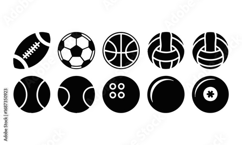 Sports Ball Silhouette Vector Pack – Football, Soccer, Basketball, Volleyball, Tennis, Baseball, Bowling and Billiard Icons, easily editable and scalable.