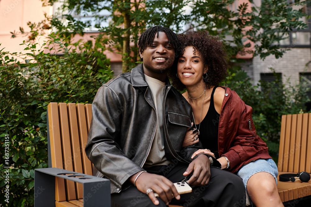 Fototapeta premium Young couple enjoys a date in the city while dressed in stylish attire together
