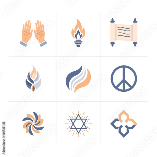 A diverse collection of modern flat vector icons featuring spiritual symbols of faith, harmony, and peace