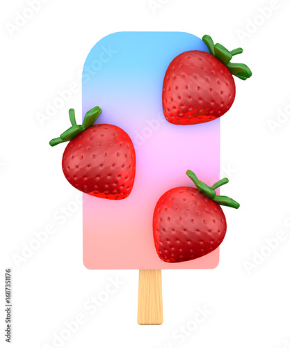 Strawberry ice cream popsicle with fresh berries on stick, sweet frozen dessert isolated on transparent background, colorful summer treat illustration, PNG image