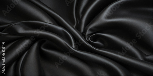 Close-up of Draped Black Satin Fabric. A close-up view of luxurious black satin fabric with dramatic folds and drapes.