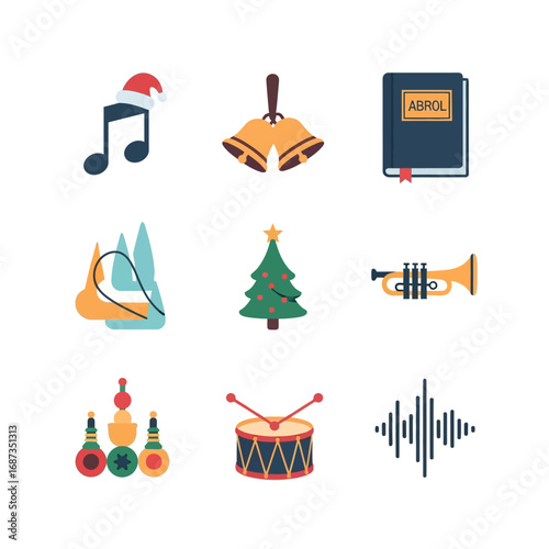 A festive collection of flat design icons representing Christmas music, holiday celebration, and winter season symbols