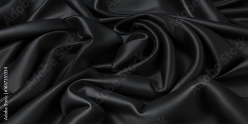 Close-up of Draped Black Satin Fabric. A close-up view of luxurious black satin fabric with dramatic folds and drapes.