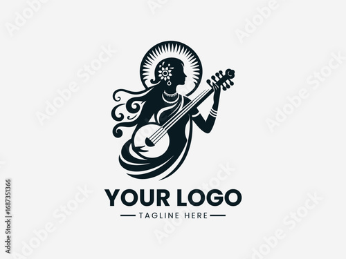 Traditional goddess silhouette vector logo holding musical instrument with ornamental cultural design