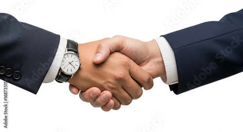 A close up of two people shaking hands wearing suits with one wearing a watch on a black background