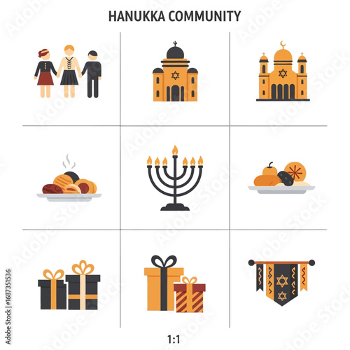 Set of colorful vector icons for the Jewish festival of Hanukkah, featuring symbols of faith, family, food, and gifts for a festive celebration
