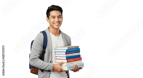 Smiling student holding a stack of books wearing a gray cardigan and a backpack on black background