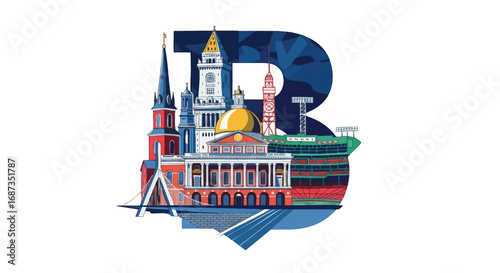 Illustration of boston landmarks forming the letter b against a black background