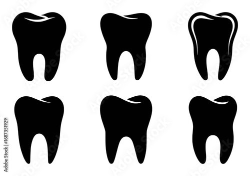 Collection of Black Tooth Icons on White Background