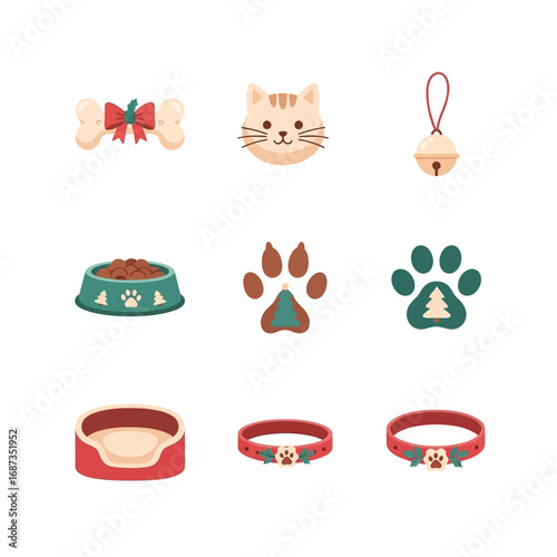 Christmas holiday pet care icon set with festive cat and dog accessories. Vector illustrations of collars, food, beds, and paw prints for winter season