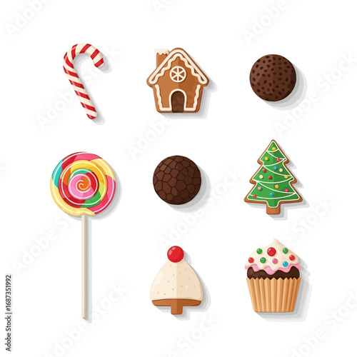 A collection of various Christmas sweets and holiday treats including cookies, candy, and a cupcake, isolated on a white background
