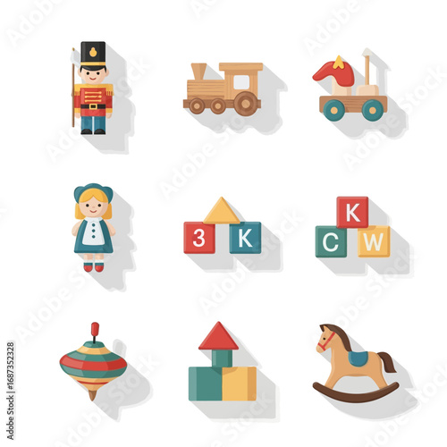 A charming collection of retro wooden toy illustrations, capturing the nostalgic essence of classic childhood playtime