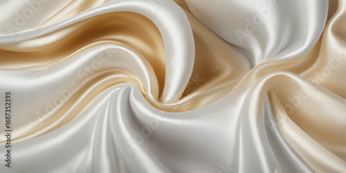  Luxurious Cream and Beige Satin Fabric Drape. Close-up view of flowing cream and beige satin fabric, showcasing its smooth texture and elegant drape.