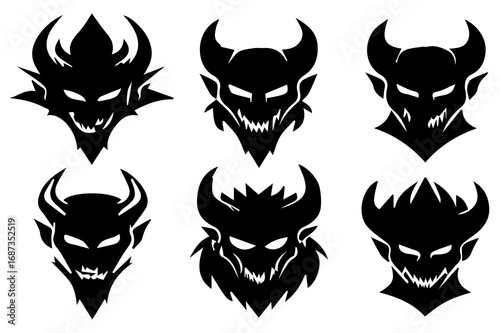 Evil Demon Faces Silhouette Vector | Scary Monster Head Clipart for Halloween