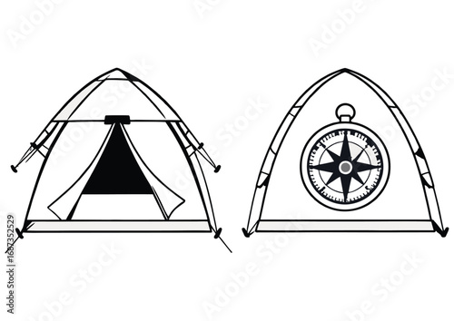 Camping Adventure Tent with Compass Illustration for Outdoor Exploration and Navigation