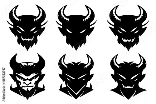 Evil Demon Faces Silhouette Vector | Scary Monster Head Clipart for Halloween