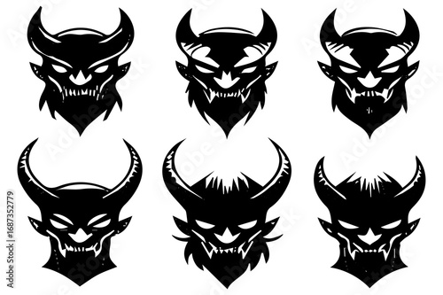 Evil Demon Faces Silhouette Vector | Scary Monster Head Clipart for Halloween