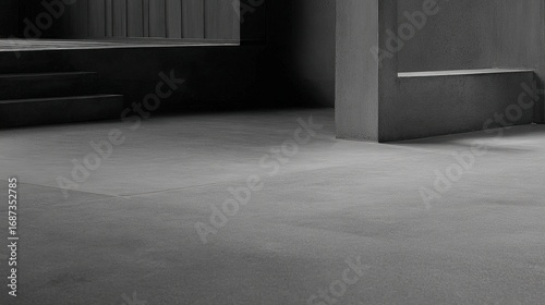 Minimalist concrete interior with smooth floor and textured wall, showcasing contemporary architectural design.