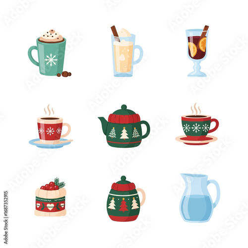 Festive winter drinks and tableware icon set with cute cartoon illustrations of hot chocolate, tea, and mulled wine isolated on a white background