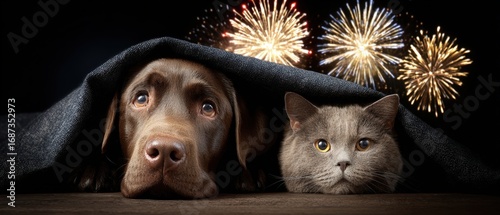 Cozy Night with Pets Under Blanket Watching Fireworks Celebration Festive Scene with Dog and Cat Relaxing Together