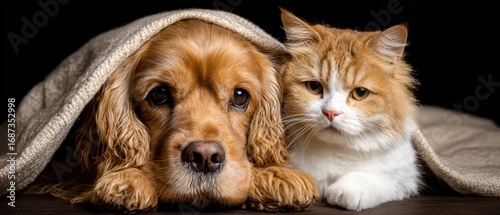Adorable golden retriever and fluffy orange and white cat lying together under a cozy blanket on dark background