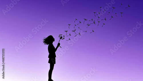 Girl blowing dandelion silhouette on purple gradient background