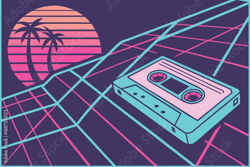 Vector art of retro cassette tape with palm trees and sunset, blending 80s nostalgia with a tropical vibe, creating a vibrant and stylized scene reminiscent of synthwave aesthetics
