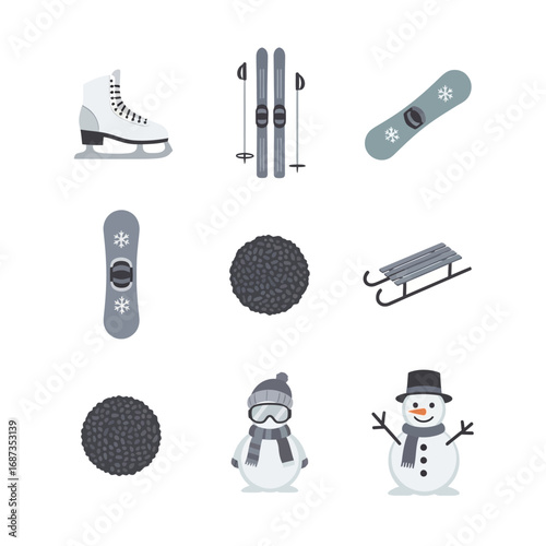 Winter sports and recreation activity icon collection. Flat design vector set with snowman, skis, snowboard, sled, and ice skate illustrations