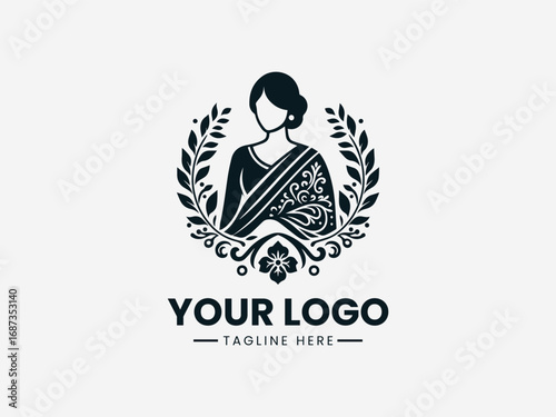 Elegant saree woman vector logo design with floral ornaments and traditional ethnic style