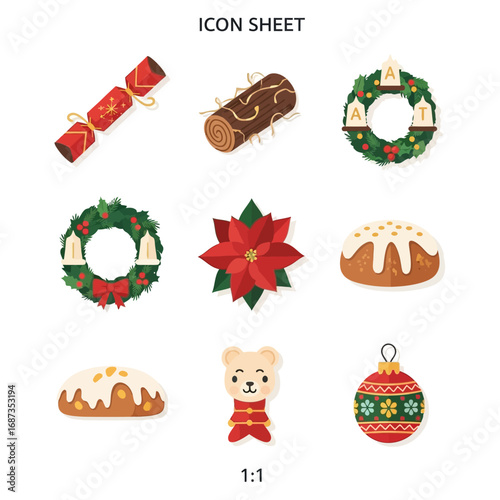 A collection of festive Christmas icons including a Yule log, wreath, poinsettia, and holiday desserts