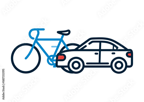 Vector icon illustrating a car and bicycle accident. Concept of road safety, traffic collision, and vehicle insurance