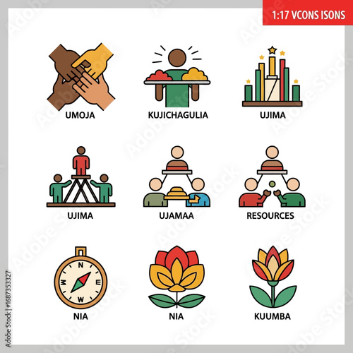 Flat design icon set of Kwanzaa celebration symbols, illustrating the concept of African heritage and community principles