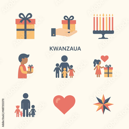 A collection of symbolic icons for a cultural heritage celebration, representing the concept of unity, family, and giving