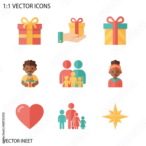A collection of flat vector icons illustrating the joy of giving, family love, and community support through symbols like gifts, diverse people, and hearts