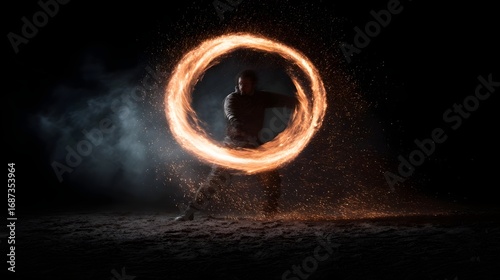 Dynamic conjures a luminous fiery portal with sparks and smoke in dramatic lighting