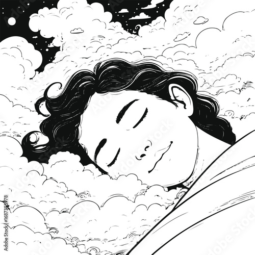Black and white line art of a person sleeping while clouds emerge from the pillow, dreamy surreal doodle, clean vector