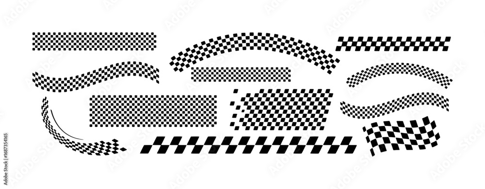 Fototapeta premium Collection of checkered flag patterns and racing stripes in various shapes