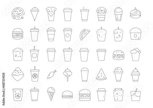 Set of assorted fast food and drink icons in outline style, featuring burgers, tacos, ice cream, and beverages