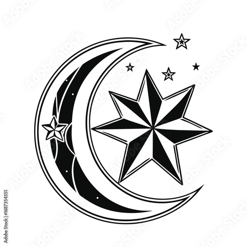 Intricate black silhouette of a celestial crescent moon arch and an eight-pointed star, a spiritual vector icon with ornamental details isolated on white