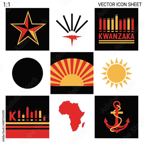 A curated set of vector icons celebrating Kwanzaa and African heritage, featuring symbols of unity, culture, and tradition
