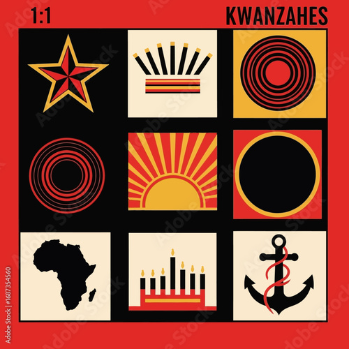 A conceptual grid poster featuring symbolic icons for the Kwanzaa holiday and African cultural heritage
