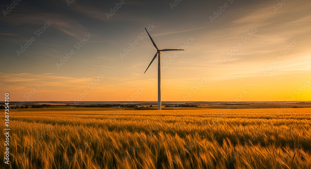 Obraz premium Golden hour over a field of wheat, a wind turbine standing tall as a symbol of sustainability and