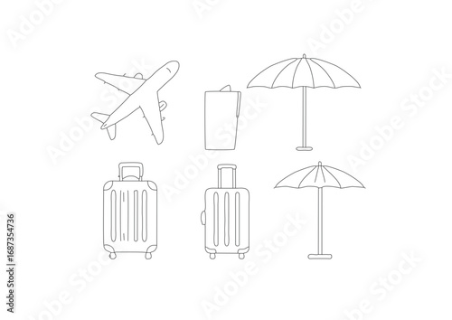 Simple line art illustration of travel and vacation icons, featuring an airplane, luggage, and a beach umbrella for a summer holiday journey