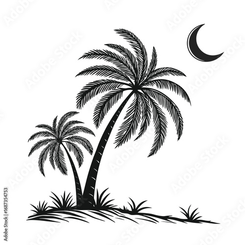 Elegant black ink drawing of two coconut palm trees under a crescent moon, a serene silhouette illustration of a tropical island summer night