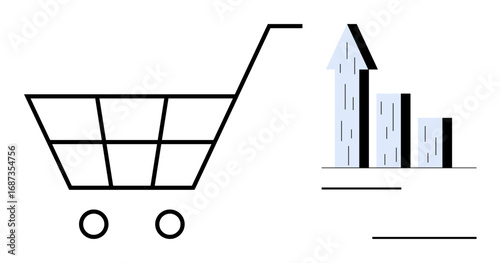 Shopping cart alongside upward bar graph emphasizes sales growth. Ideal for e-commerce, business analysis, retail strategy, online marketing, financial growth, shopping trends, simple landing page
