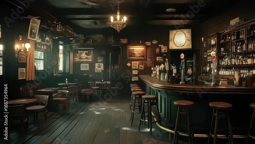 empty vintage irish pub interior with dark brown wooden decor and sunlight shafts