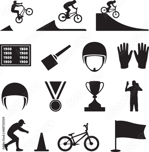 BMX cycling extreme sports icons in black and white silhouette BMX rider ramp