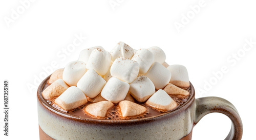 A close up of a mug filled with hot chocolate and marshmallows against a black background studio shot